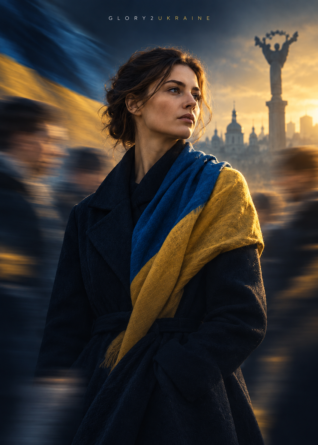A woman in a coat with a blue-and-gold scarf, with the Kyiv skyline in the background — Glory2Ukraine project artwork
